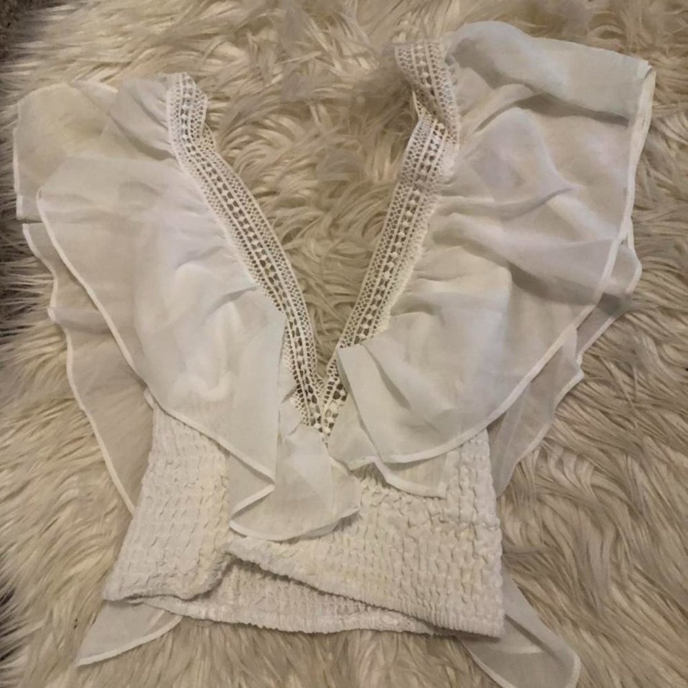 Plunging Neck Guipure Lace Trim Ruffle Shirred Top